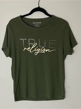 True Religion Olive Green Script Logo Short Sleeve Tee with Rhinestones Y2K XL